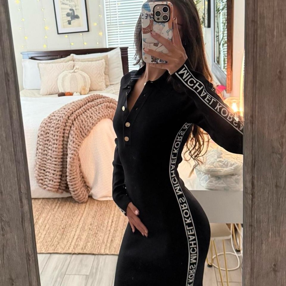 Michael Kors Black Long Sleeve Dress with Logo Detail